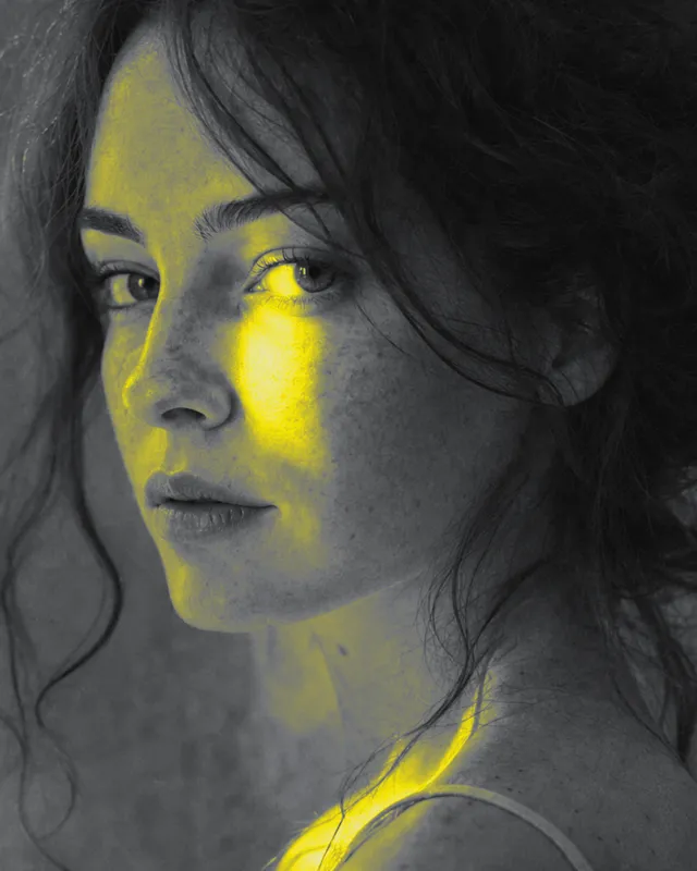 The portrait remapped to black, grey and yellow.