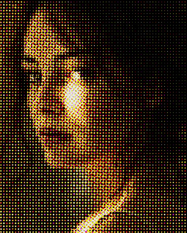 The portrait as a CMYK halftone print.