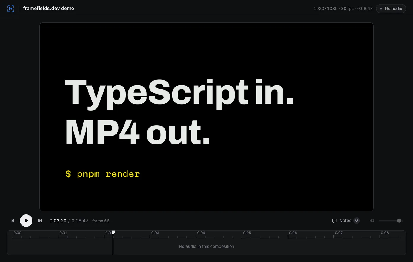 The framefields preview player showing the demo film paused at frame 66, with a timeline and a Notes button.