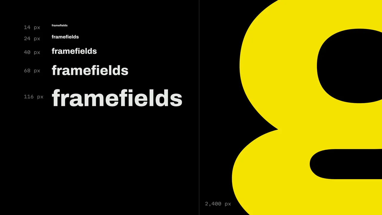 The word framefields set from 14 px to 116 px beside a single letter g rendered 2,400 px tall, its curves still clean.